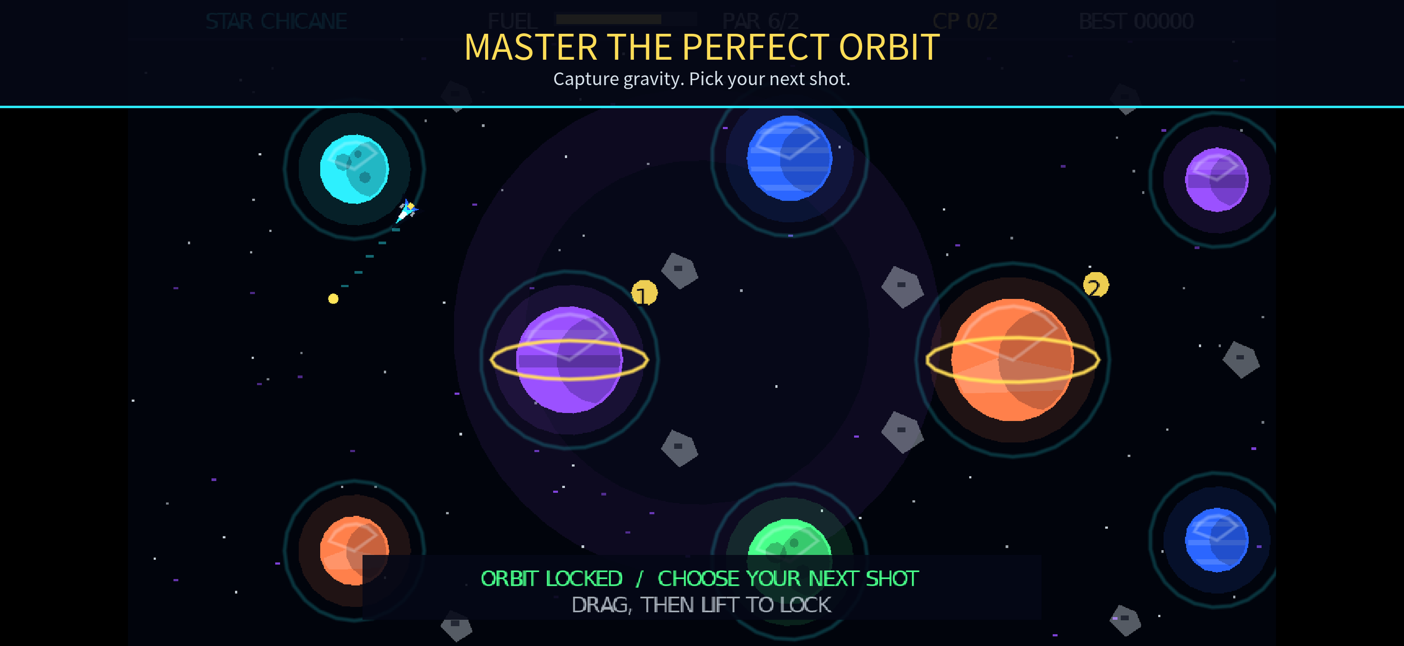 A spacecraft orbiting colorful planets in Planetary Par