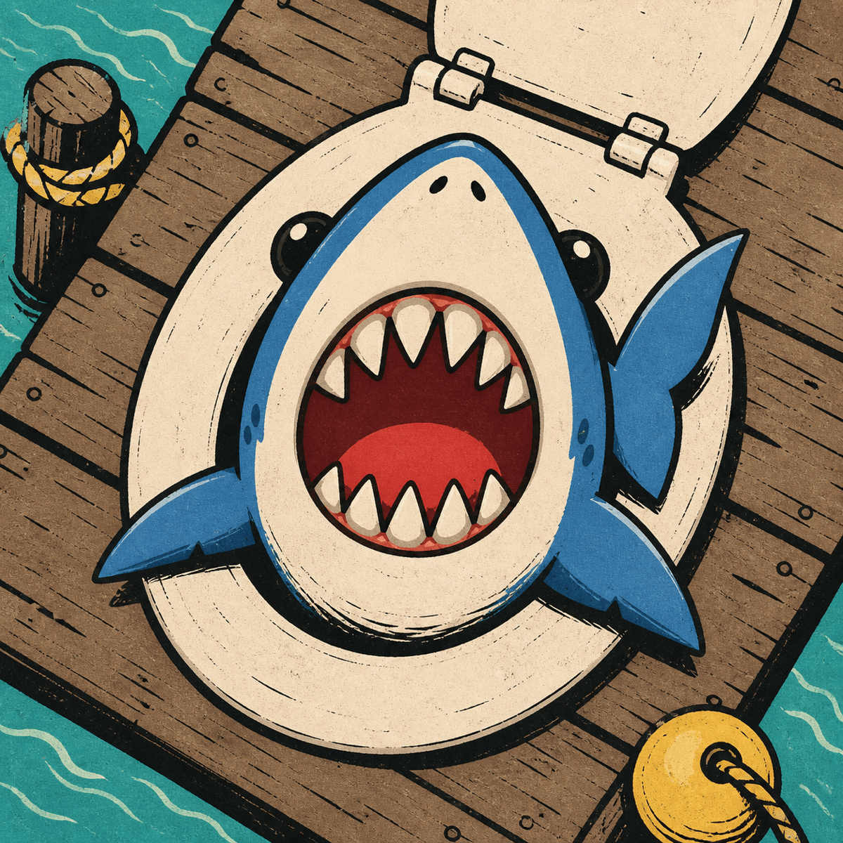Hand-drawn Shark Toilet artwork showing a shark circling a dock toilet