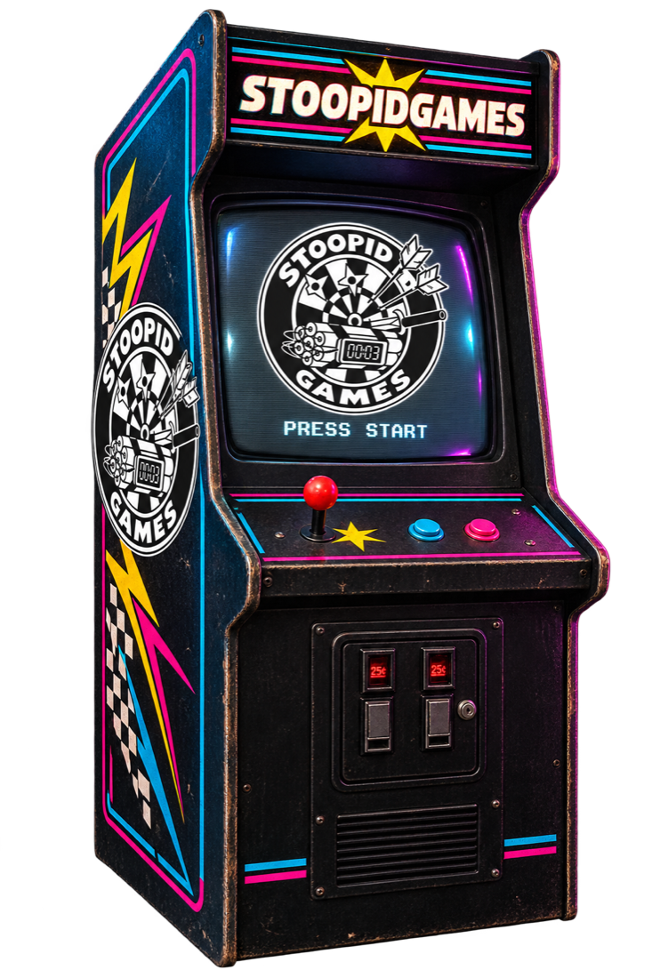 A realistic 1980s arcade cabinet with the StoopidGames logo glowing on its CRT screen